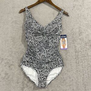 NEW Lands End Paisley One-Piece Swimsuit XS Black & White Nylon Spandex